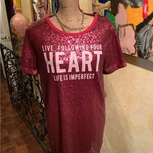 Sequin oversized tee shirt “ Live Following Your Heart Life Is Imperfect “